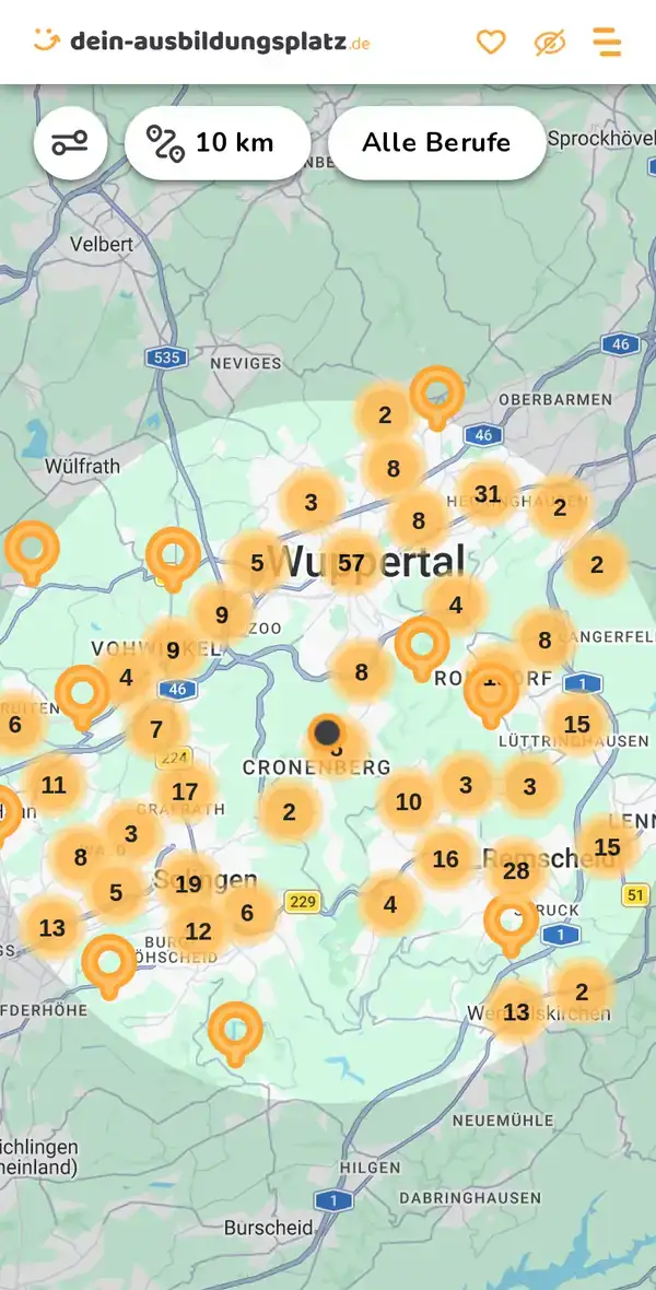Karte von dein-ausbildungsplatz.de: Ausbildungsbetriebe im Umkreis von 10 km um 42349 Wuppertal