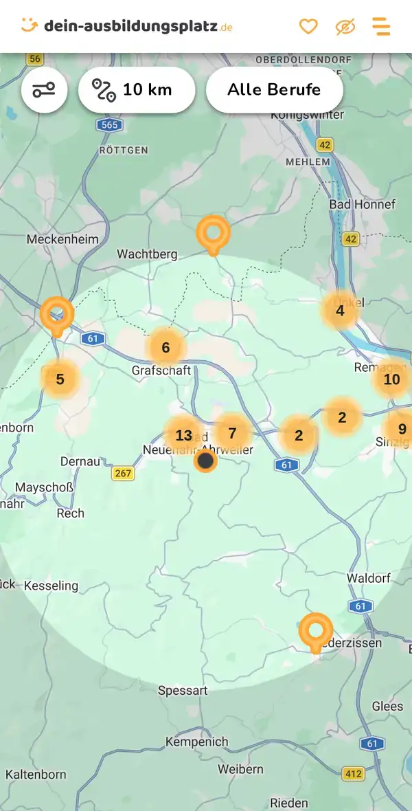 Karte von dein-ausbildungsplatz.de: Ausbildungsbetriebe im Umkreis von 10 km um 53474 Bad Neuenahr-Ahrweiler