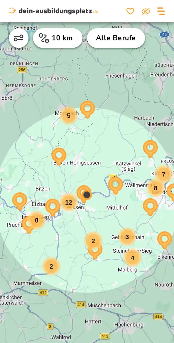 Karte von dein-ausbildungsplatz.de: Ausbildungsbetriebe im Umkreis von 10 km um 57537 Forst