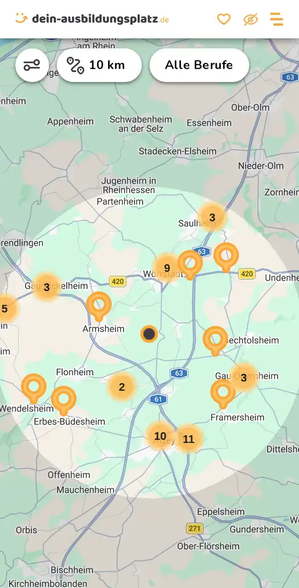 Karte von dein-ausbildungsplatz.de: Ausbildungsbetriebe im Umkreis von 10 km um 55232 Alzey