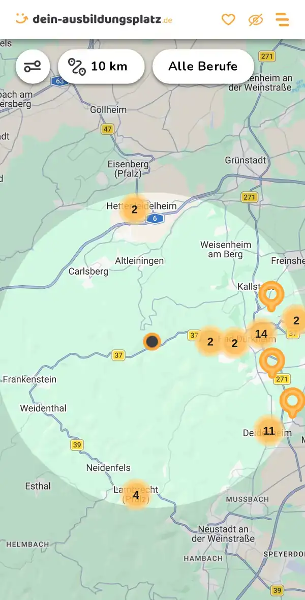 Karte von dein-ausbildungsplatz.de: Ausbildungsbetriebe im Umkreis von 10 km um 67098 Bad Dürkheim