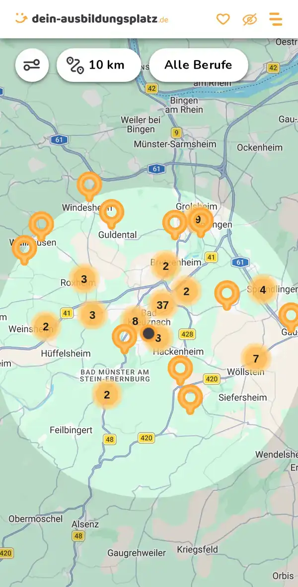 Karte von dein-ausbildungsplatz.de: Ausbildungsbetriebe im Umkreis von 10 km um 55543 Bad Kreuznach