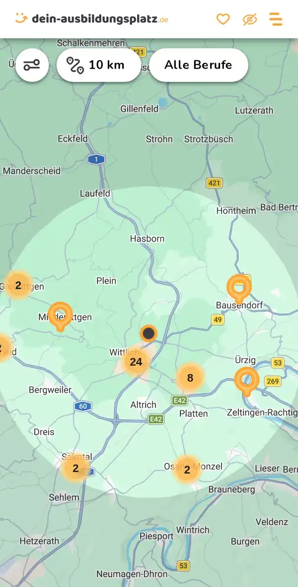 Karte von dein-ausbildungsplatz.de: Ausbildungsbetriebe im Umkreis von 10 km um 54516 Flußbach