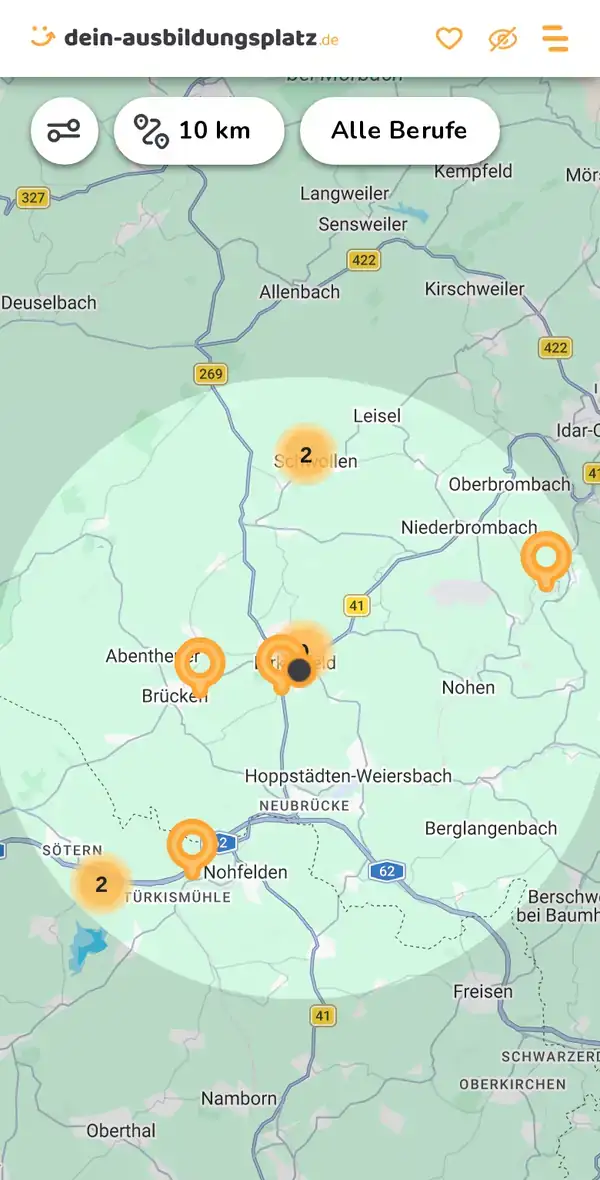 Karte von dein-ausbildungsplatz.de: Ausbildungsbetriebe im Umkreis von 10 km um 55765 Birkenfeld