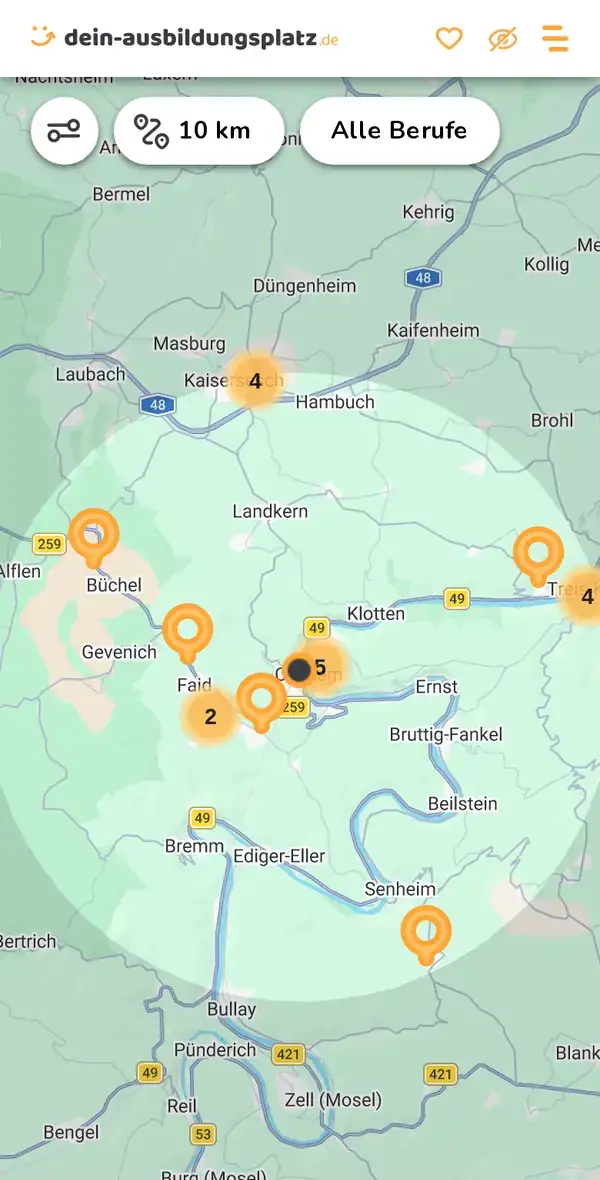 Karte von dein-ausbildungsplatz.de: Ausbildungsbetriebe im Umkreis von 10 km um 56812 Cochem