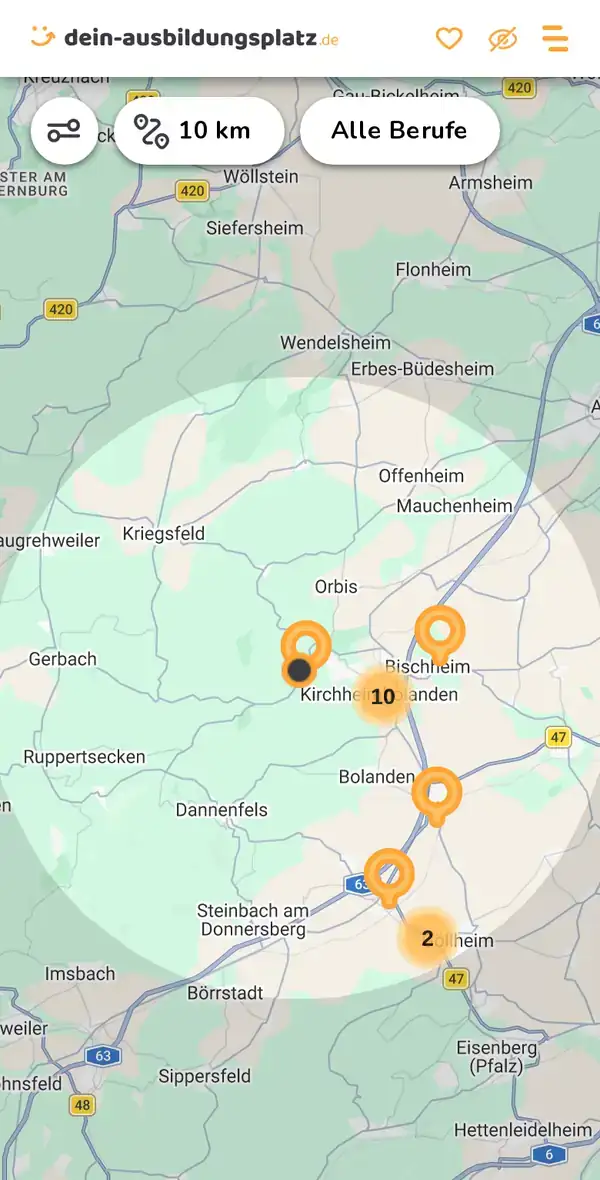Karte von dein-ausbildungsplatz.de: Ausbildungsbetriebe im Umkreis von 10 km um 67292 Kirchheimbolanden