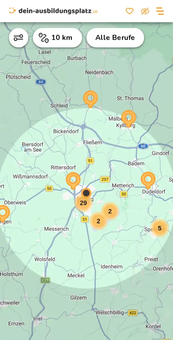 Karte von dein-ausbildungsplatz.de: Ausbildungsbetriebe im Umkreis von 10 km um 54634 Birtlingen
