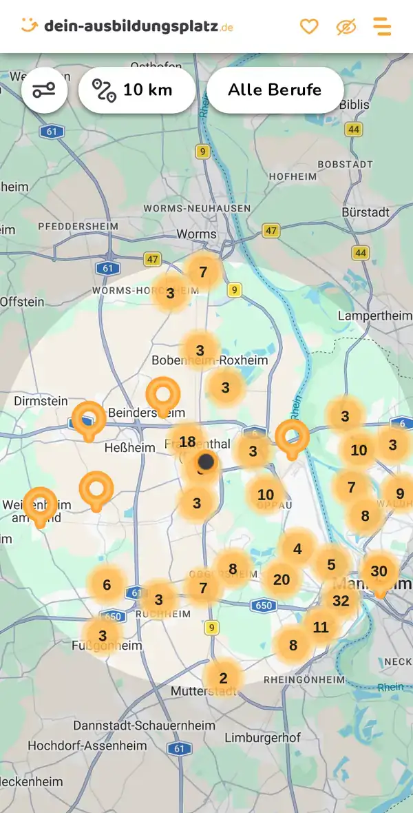 Karte von dein-ausbildungsplatz.de: Ausbildungsbetriebe im Umkreis von 10 km um 67227 Frankenthal (Pfalz)