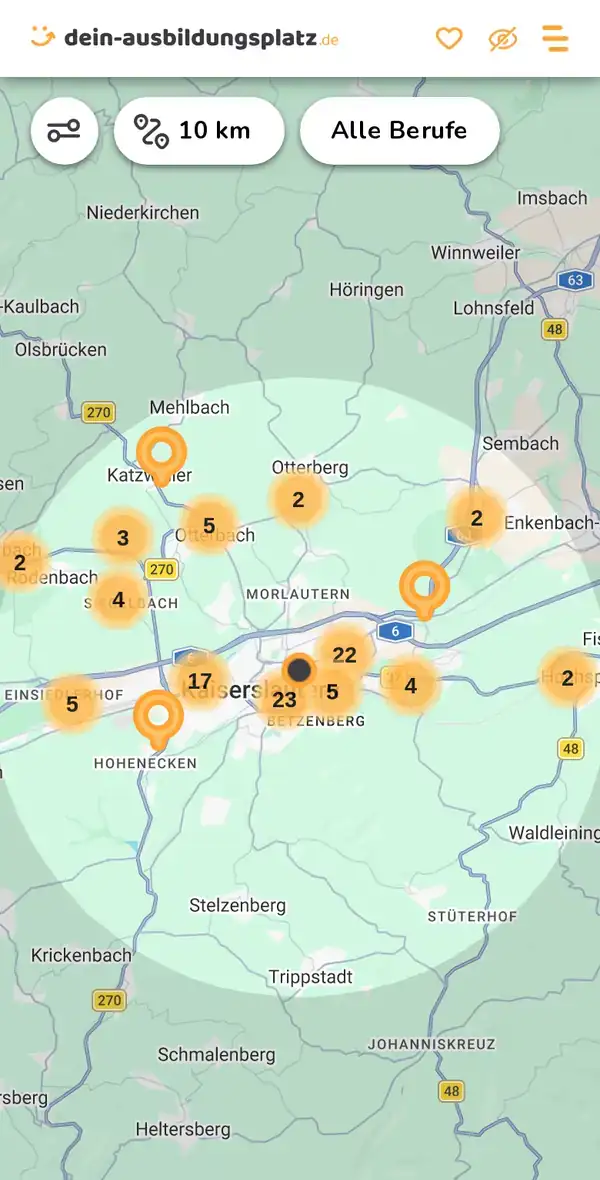 Karte von dein-ausbildungsplatz.de: Ausbildungsbetriebe im Umkreis von 10 km um 67655 Kaiserslautern