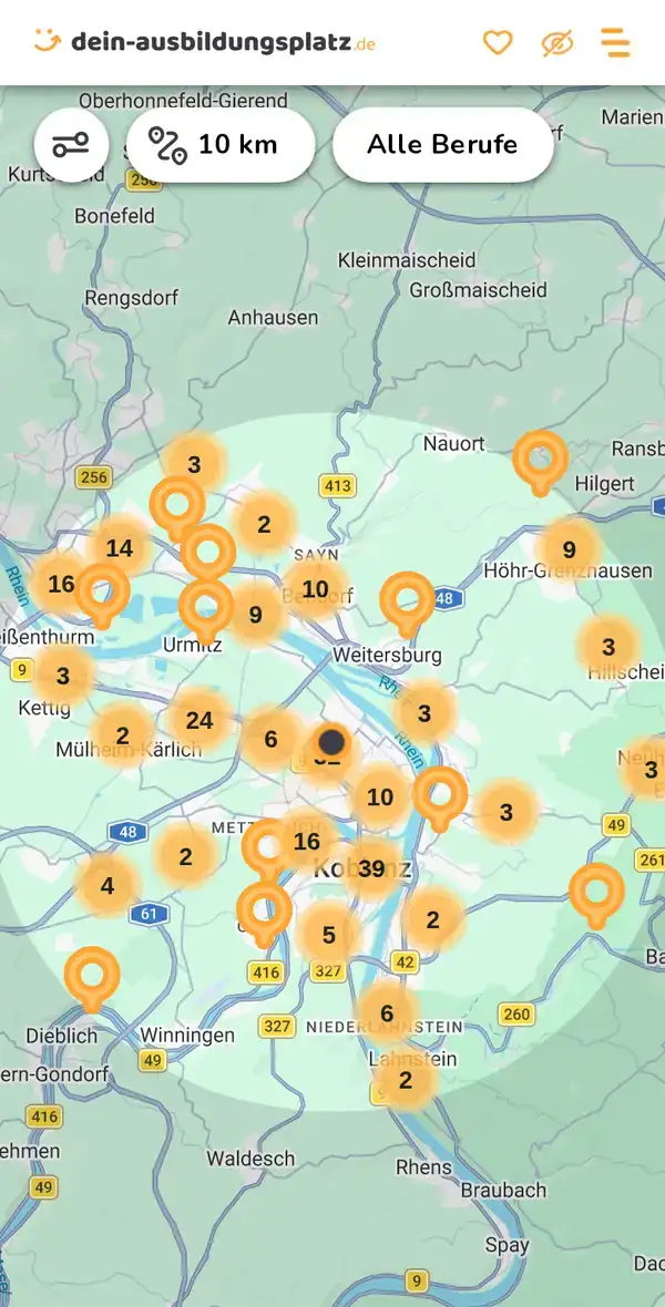 Karte von dein-ausbildungsplatz.de: Ausbildungsbetriebe im Umkreis von 10 km um 56070 Koblenz