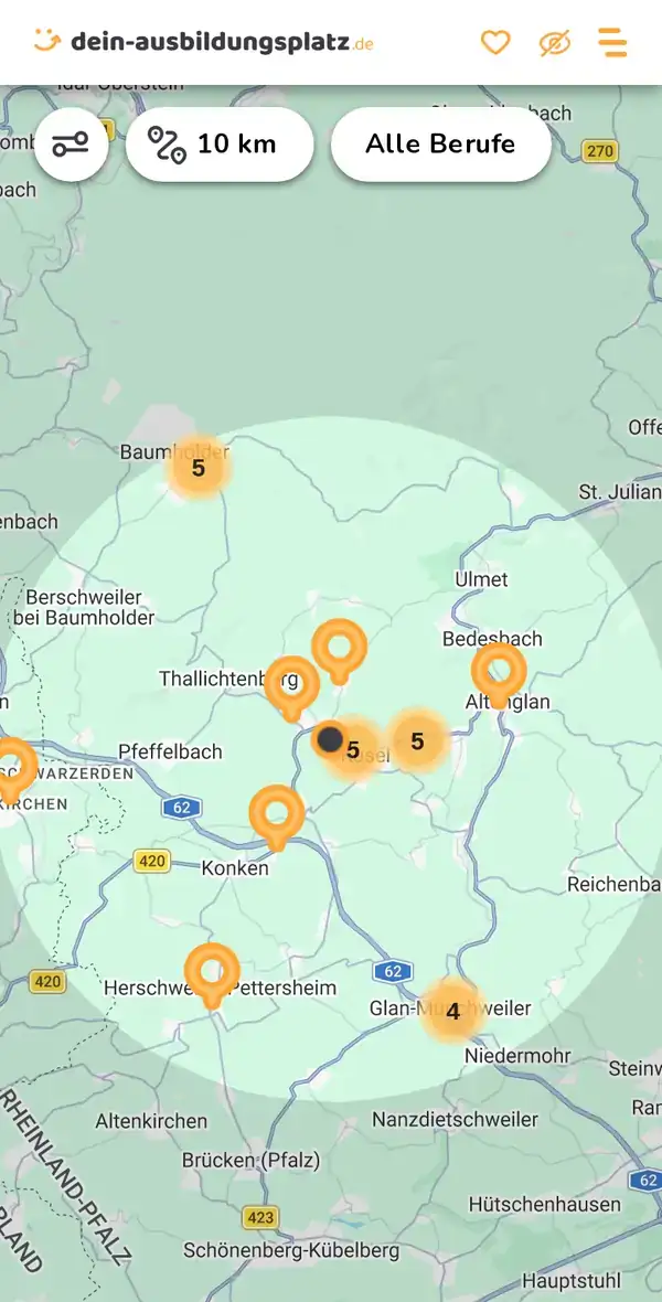 Karte von dein-ausbildungsplatz.de: Ausbildungsbetriebe im Umkreis von 10 km um 66869 Blaubach