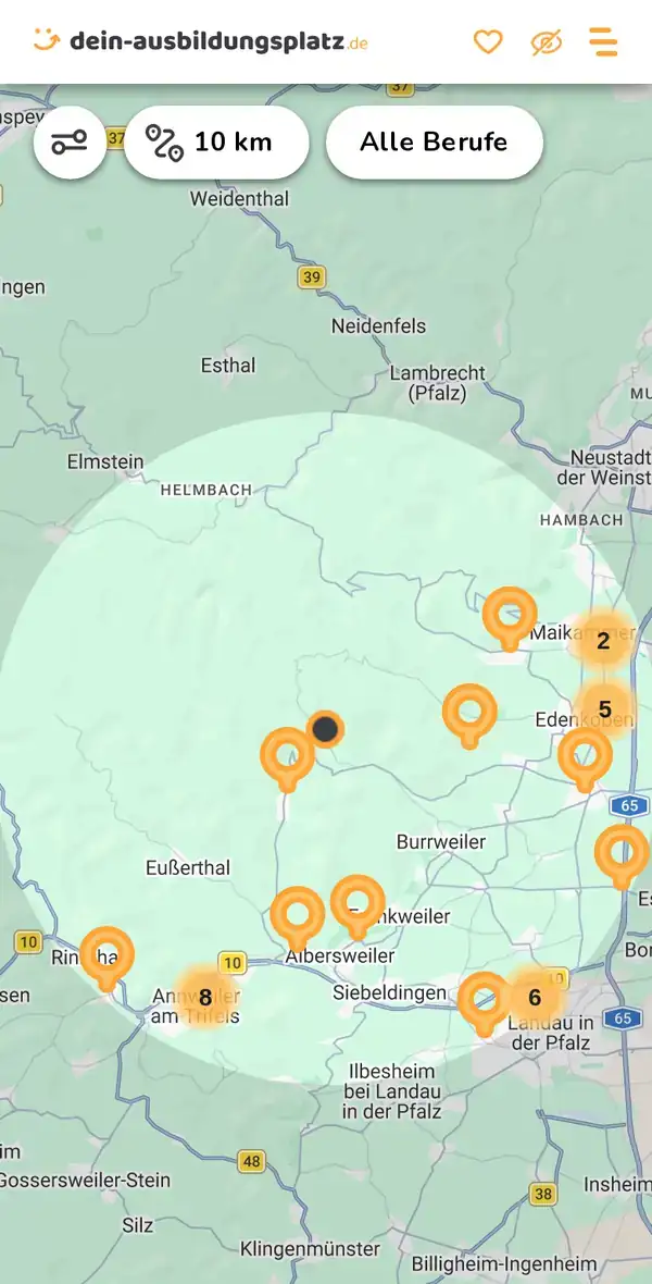 Karte von dein-ausbildungsplatz.de: Ausbildungsbetriebe im Umkreis von 10 km um 76829 Landau in der Pfalz