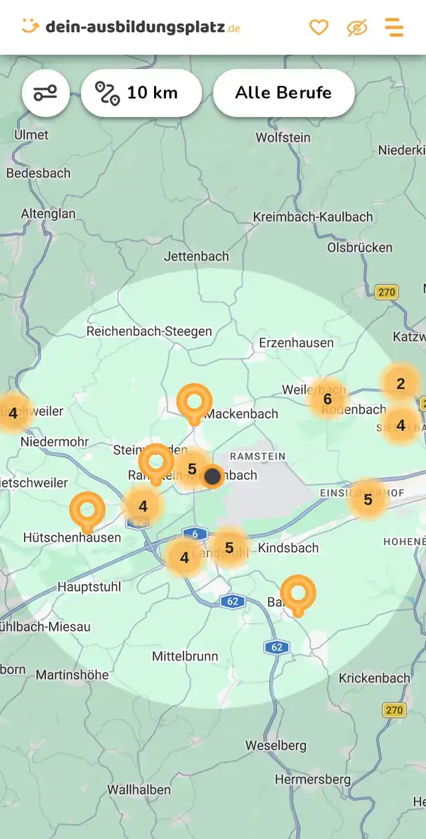 Karte von dein-ausbildungsplatz.de: Ausbildungsbetriebe im Umkreis von 10 km um 66877 Ramstein-Miesenbach