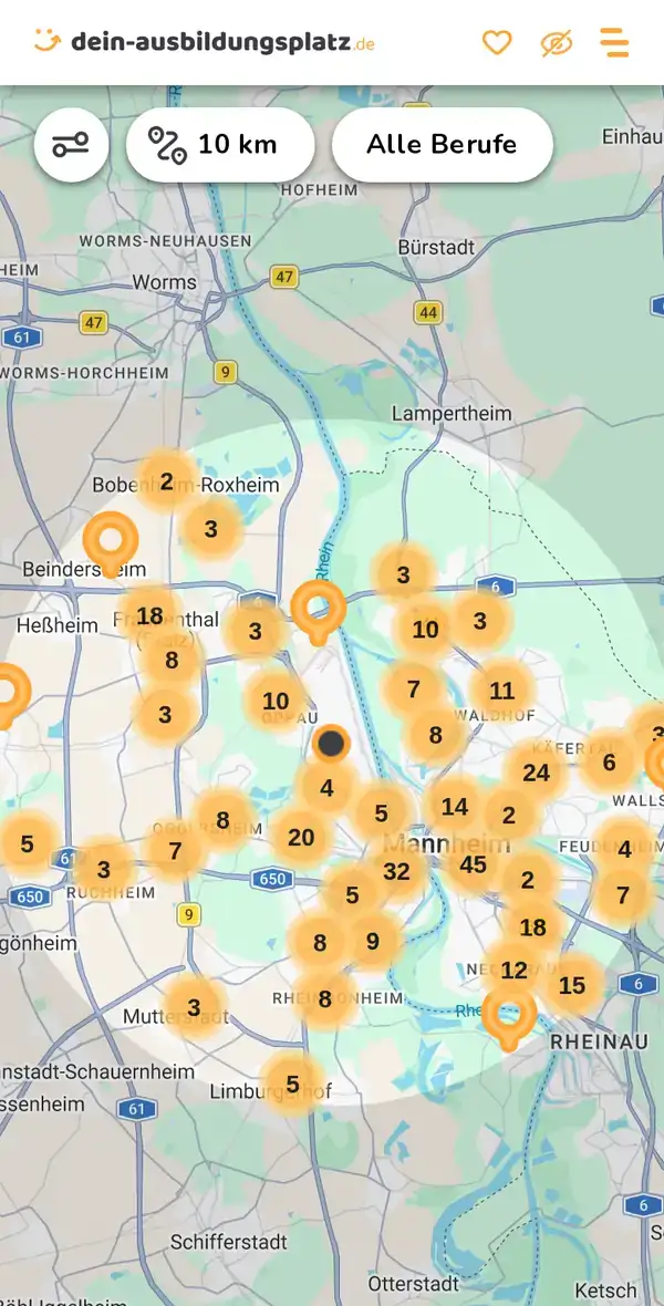 Karte von dein-ausbildungsplatz.de: Ausbildungsbetriebe im Umkreis von 10 km um 67063 Ludwigshafen am Rhein