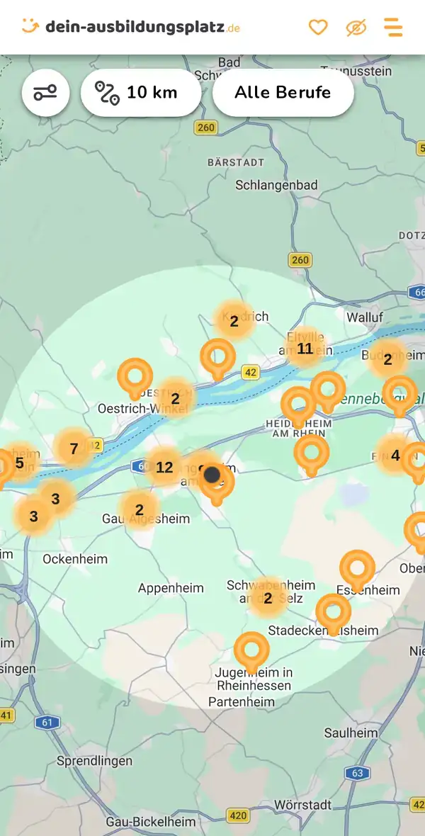 Karte von dein-ausbildungsplatz.de: Ausbildungsbetriebe im Umkreis von 10 km um 55218 Ingelheim am Rhein
