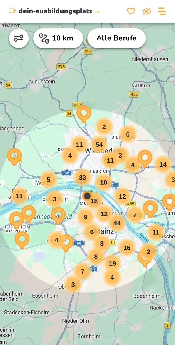 Karte von dein-ausbildungsplatz.de: Ausbildungsbetriebe im Umkreis von 10 km um 55120 Mainz
