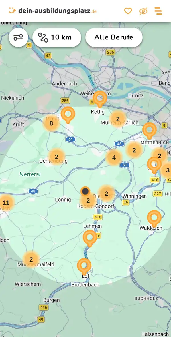 Karte von dein-ausbildungsplatz.de: Ausbildungsbetriebe im Umkreis von 10 km um 56330 Kobern-Gondorf