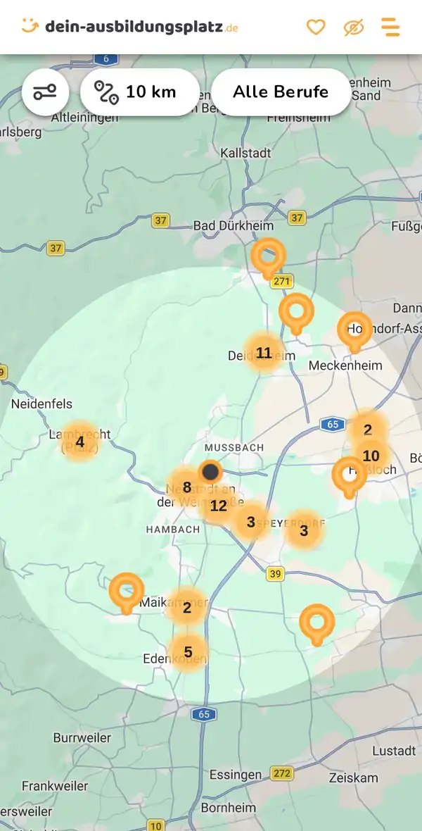 Karte von dein-ausbildungsplatz.de: Ausbildungsbetriebe im Umkreis von 10 km um 67433 Neustadt an der Weinstraße