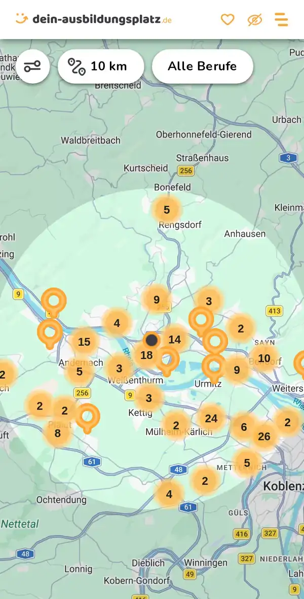 Karte von dein-ausbildungsplatz.de: Ausbildungsbetriebe im Umkreis von 10 km um 56564 Neuwied