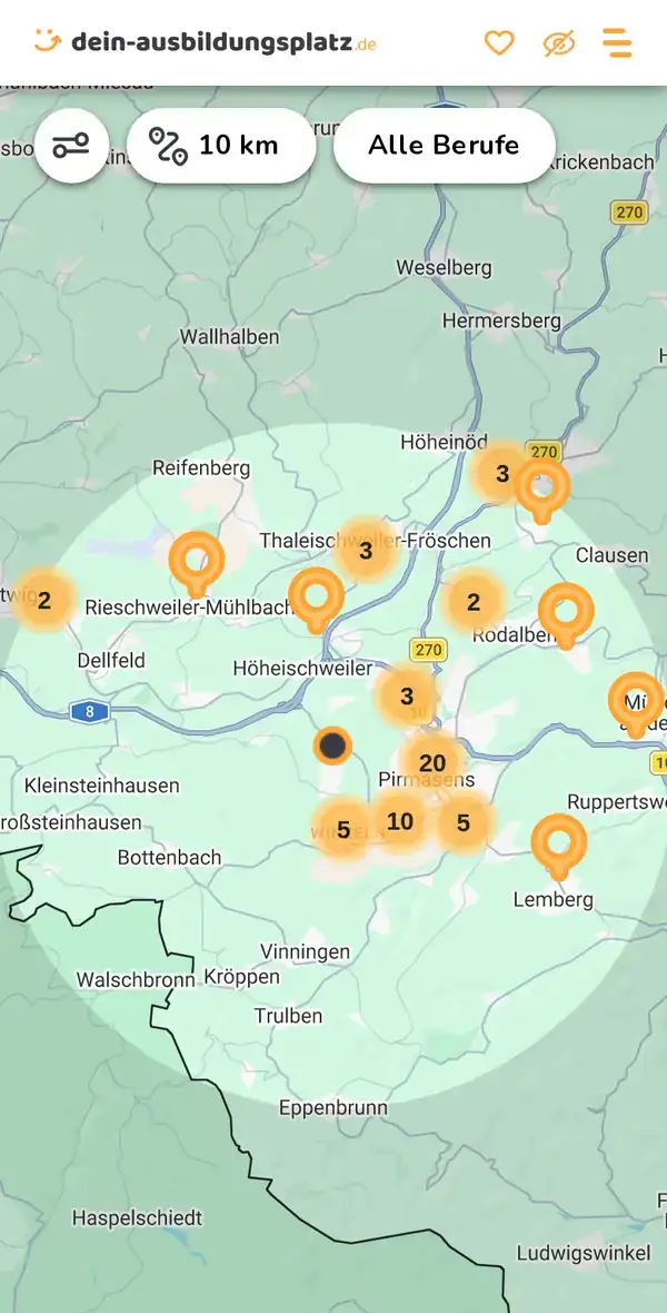 Karte von dein-ausbildungsplatz.de: Ausbildungsbetriebe im Umkreis von 10 km um 66954 Pirmasens