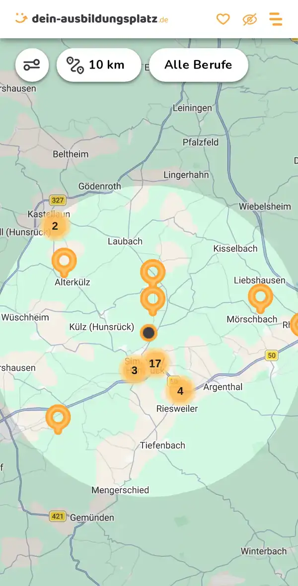 Karte von dein-ausbildungsplatz.de: Ausbildungsbetriebe im Umkreis von 10 km um 55469 Altweidelbach