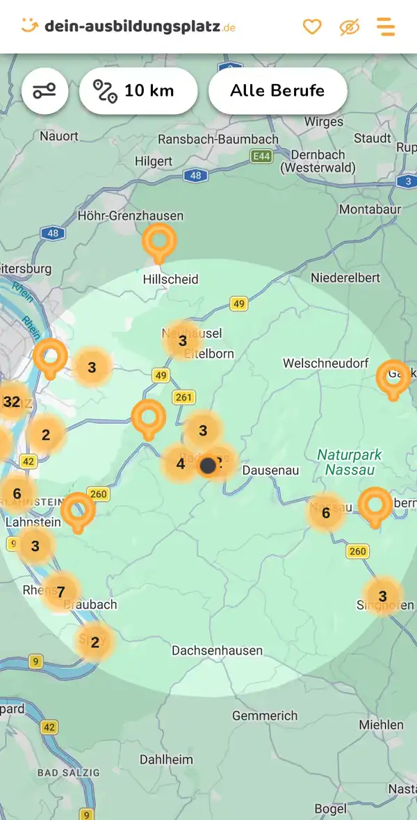 Karte von dein-ausbildungsplatz.de: Ausbildungsbetriebe im Umkreis von 10 km um 56130 Bad Ems