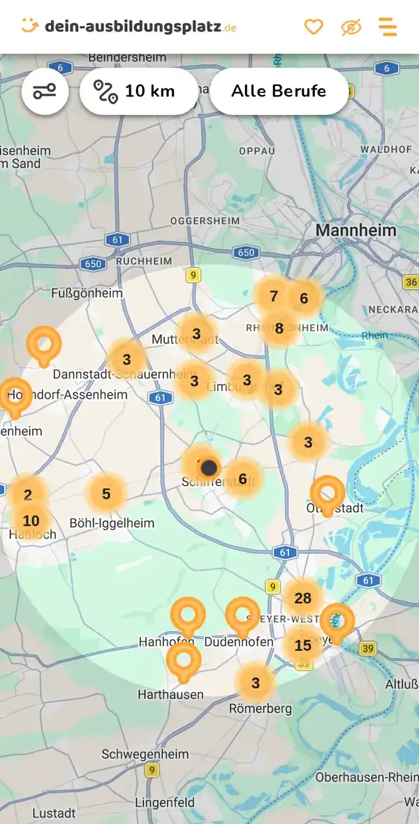 Karte von dein-ausbildungsplatz.de: Ausbildungsbetriebe im Umkreis von 10 km um 67105 Schifferstadt
