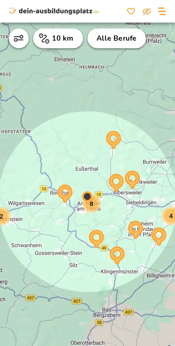 Karte von dein-ausbildungsplatz.de: Ausbildungsbetriebe im Umkreis von 10 km um 76855 Annweiler am Trifels