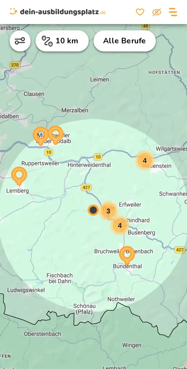 Karte von dein-ausbildungsplatz.de: Ausbildungsbetriebe im Umkreis von 10 km um 66994 Dahn