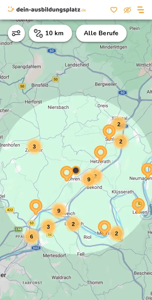 Karte von dein-ausbildungsplatz.de: Ausbildungsbetriebe im Umkreis von 10 km um 54343 Föhren