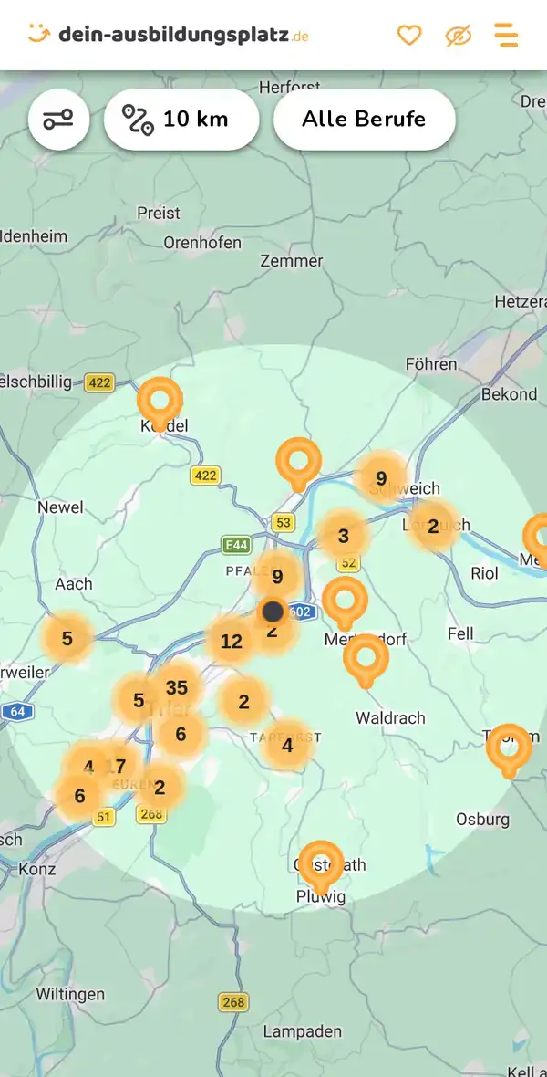 Karte von dein-ausbildungsplatz.de: Ausbildungsbetriebe im Umkreis von 10 km um 54292 Trier