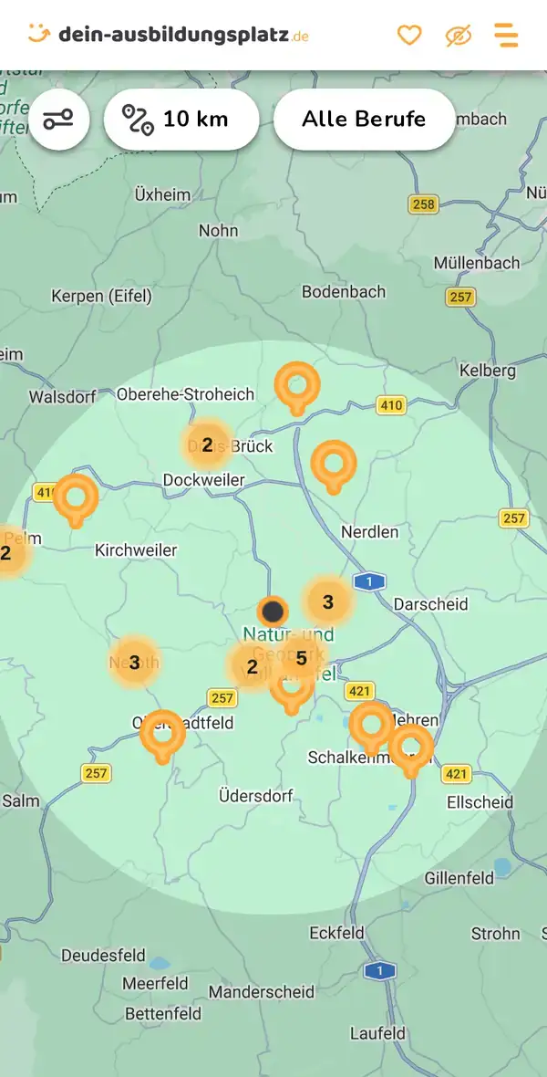 Karte von dein-ausbildungsplatz.de: Ausbildungsbetriebe im Umkreis von 10 km um 54550 Daun