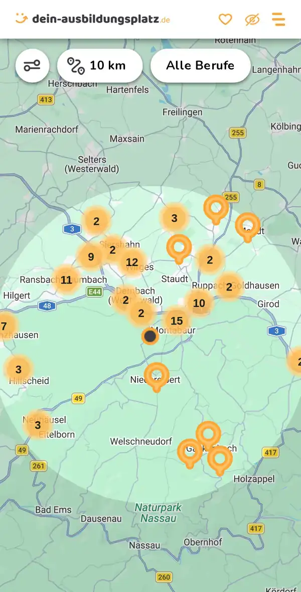 Karte von dein-ausbildungsplatz.de: Ausbildungsbetriebe im Umkreis von 10 km um 56410 Montabaur