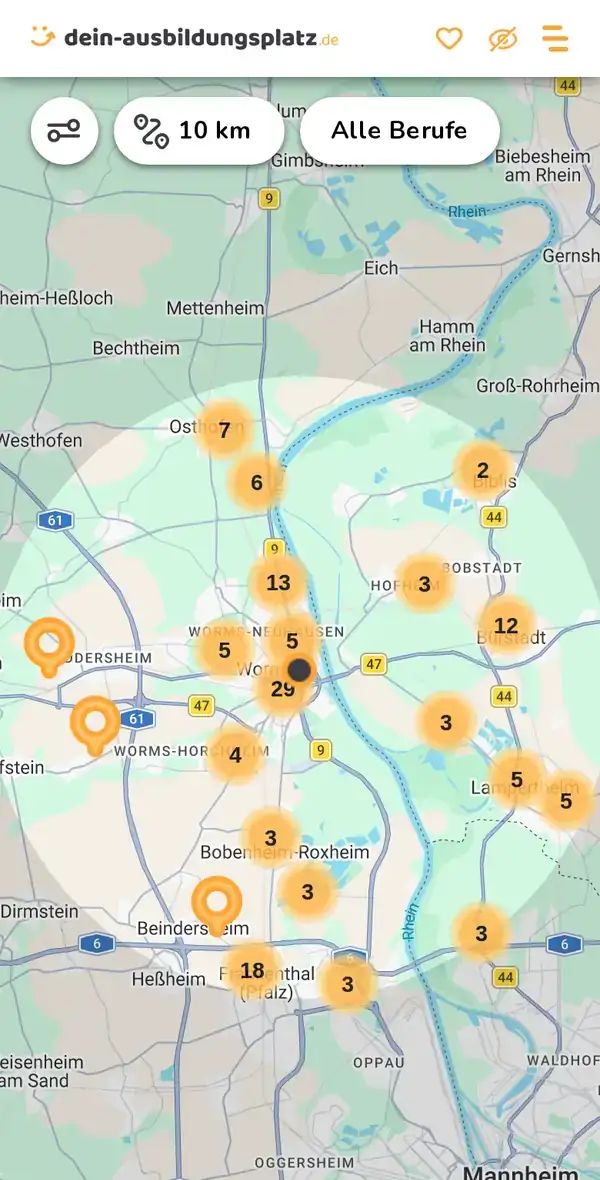 Karte von dein-ausbildungsplatz.de: Ausbildungsbetriebe im Umkreis von 10 km um 67547 Worms