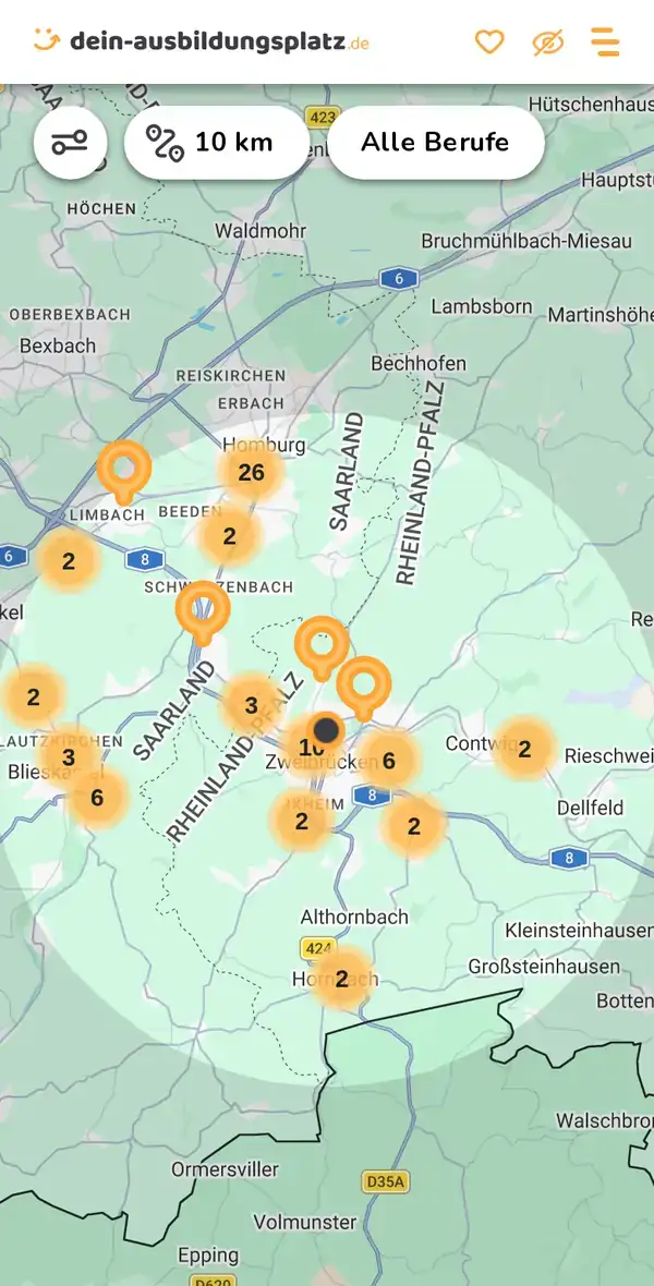 Karte von dein-ausbildungsplatz.de: Ausbildungsbetriebe im Umkreis von 10 km um 66482 Zweibrücken