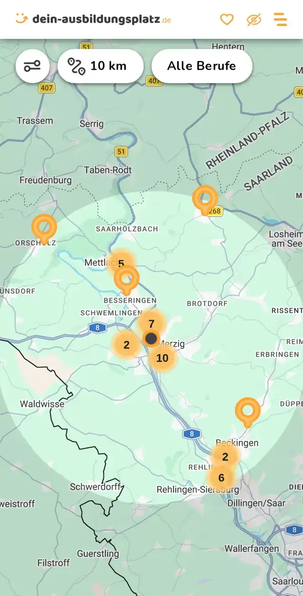 Karte von dein-ausbildungsplatz.de: Ausbildungsbetriebe im Umkreis von 10 km um 66663 Merzig