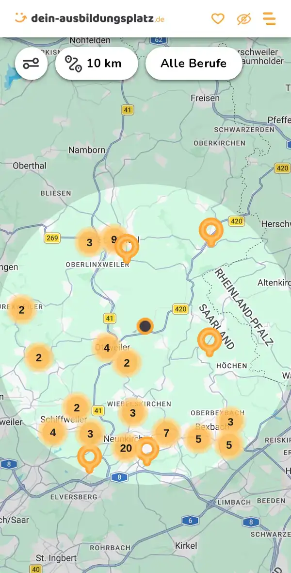 Karte von dein-ausbildungsplatz.de: Ausbildungsbetriebe im Umkreis von 10 km um 66564 Ottweiler