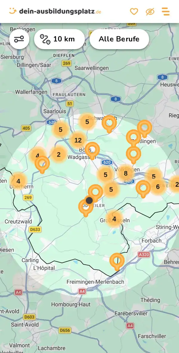 Karte von dein-ausbildungsplatz.de: Ausbildungsbetriebe im Umkreis von 10 km um 66333 Völklingen
