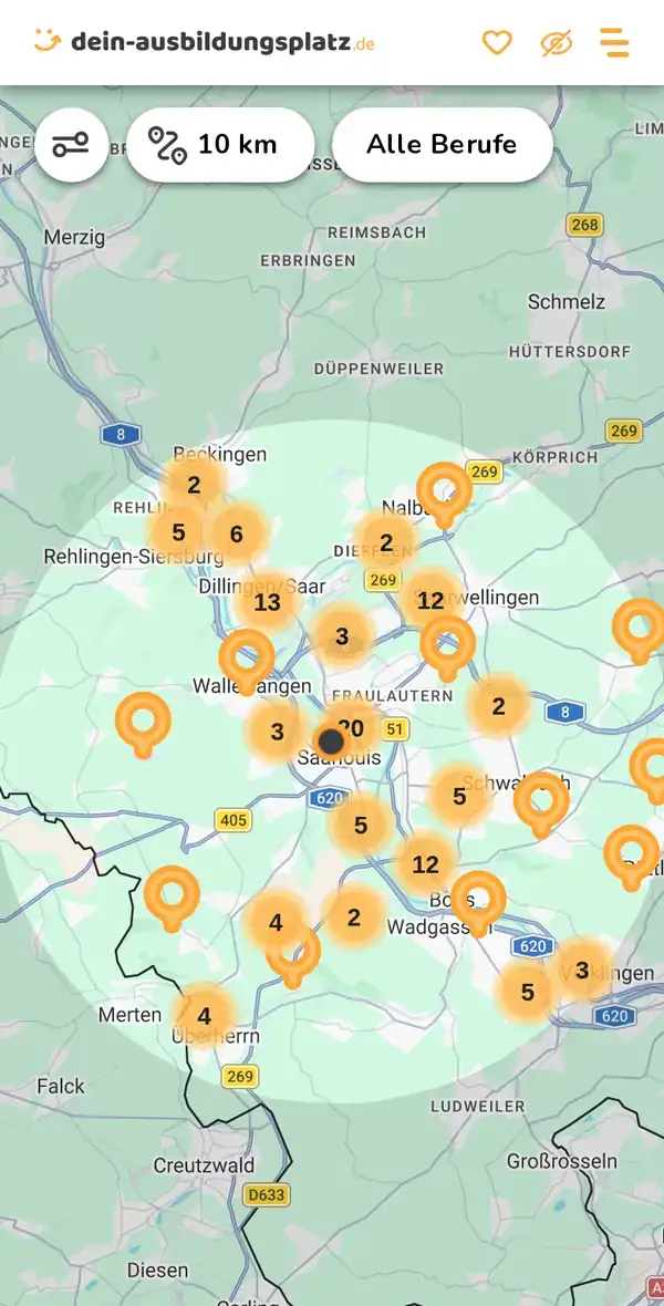 Karte von dein-ausbildungsplatz.de: Ausbildungsbetriebe im Umkreis von 10 km um 66740 Saarlouis