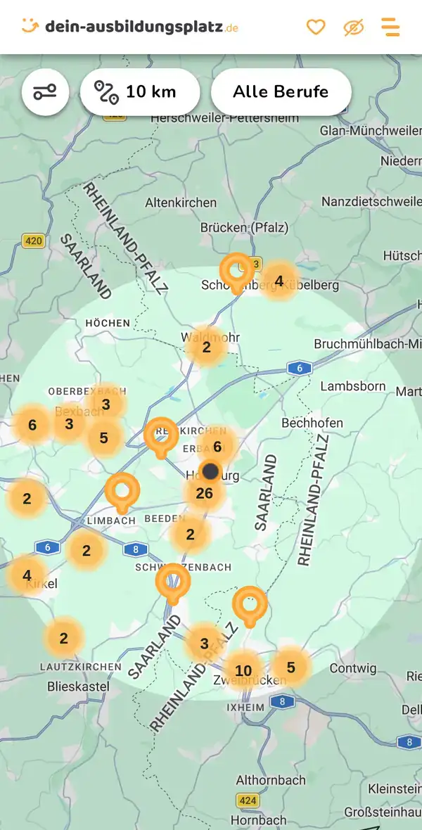 Karte von dein-ausbildungsplatz.de: Ausbildungsbetriebe im Umkreis von 10 km um 66424 Homburg