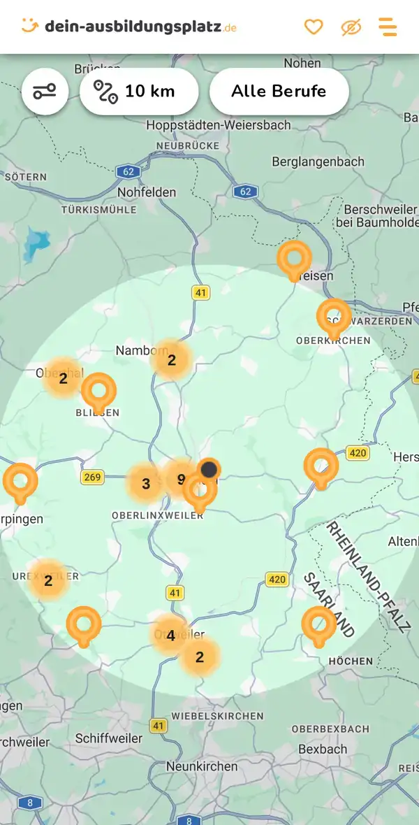 Karte von dein-ausbildungsplatz.de: Ausbildungsbetriebe im Umkreis von 10 km um 66606 Sankt Wendel