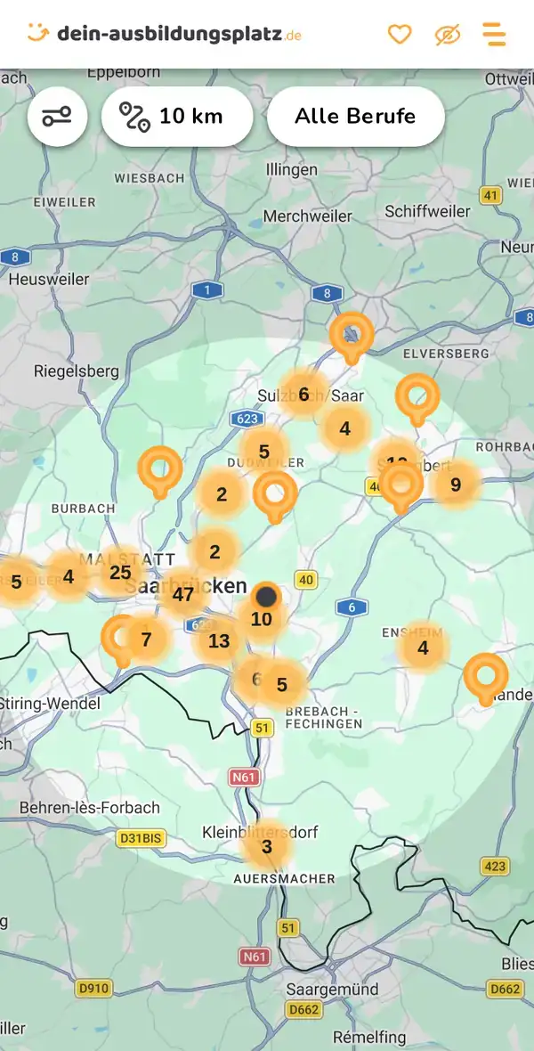 Karte von dein-ausbildungsplatz.de: Ausbildungsbetriebe im Umkreis von 10 km um 66121 Saarbrücken