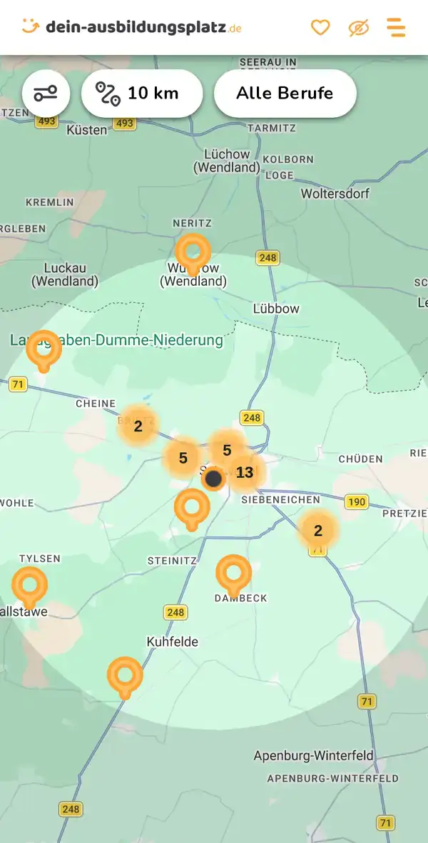 Karte von dein-ausbildungsplatz.de: Ausbildungsbetriebe im Umkreis von 10 km um 29410 Salzwedel
