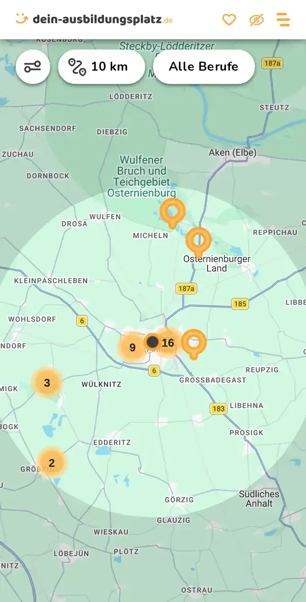 Karte von dein-ausbildungsplatz.de: Ausbildungsbetriebe im Umkreis von 10 km um 06366 Köthen (Anhalt)