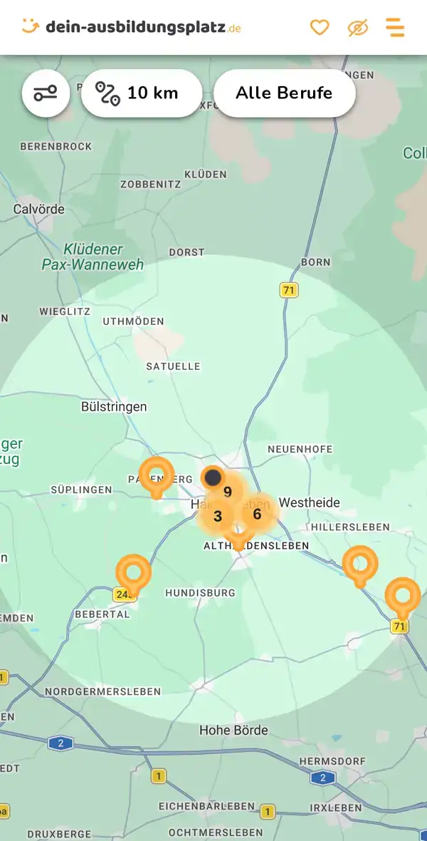 Karte von dein-ausbildungsplatz.de: Ausbildungsbetriebe im Umkreis von 10 km um 39340 Haldensleben