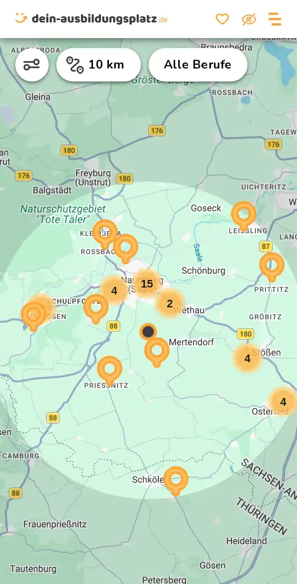 Karte von dein-ausbildungsplatz.de: Ausbildungsbetriebe im Umkreis von 10 km um 06618 Mertendorf