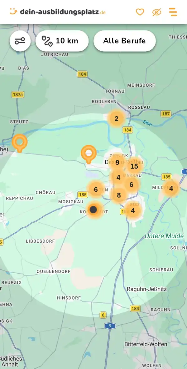 Karte von dein-ausbildungsplatz.de: Ausbildungsbetriebe im Umkreis von 10 km um 06847 Dessau-Roßlau
