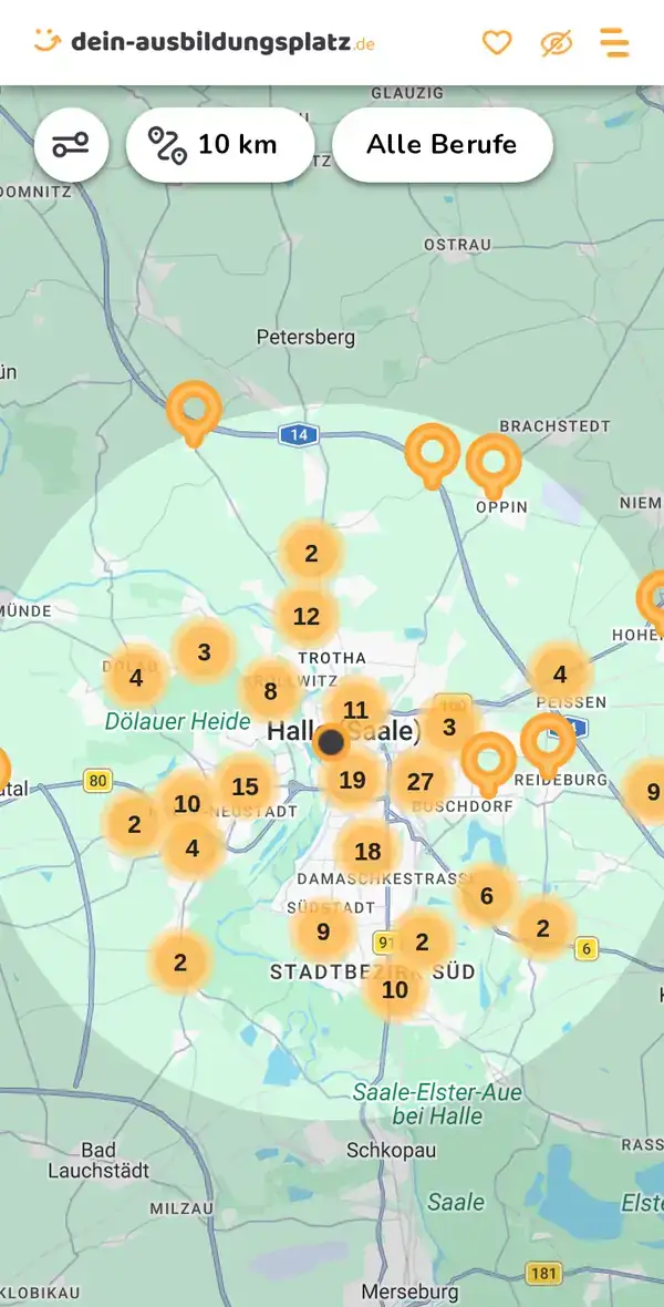 Karte von dein-ausbildungsplatz.de: Ausbildungsbetriebe im Umkreis von 10 km um 06108 Halle (Saale)