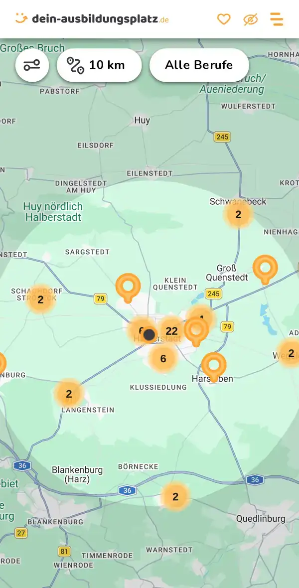 Karte von dein-ausbildungsplatz.de: Ausbildungsbetriebe im Umkreis von 10 km um 38820 Halberstadt