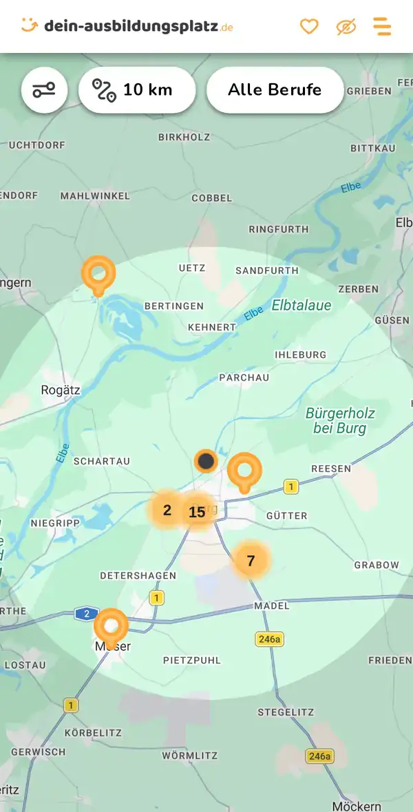 Karte von dein-ausbildungsplatz.de: Ausbildungsbetriebe im Umkreis von 10 km um 39288 Burg